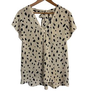 EVERLEIGH Off White and Black Print Short Sleeve Blouse Size M